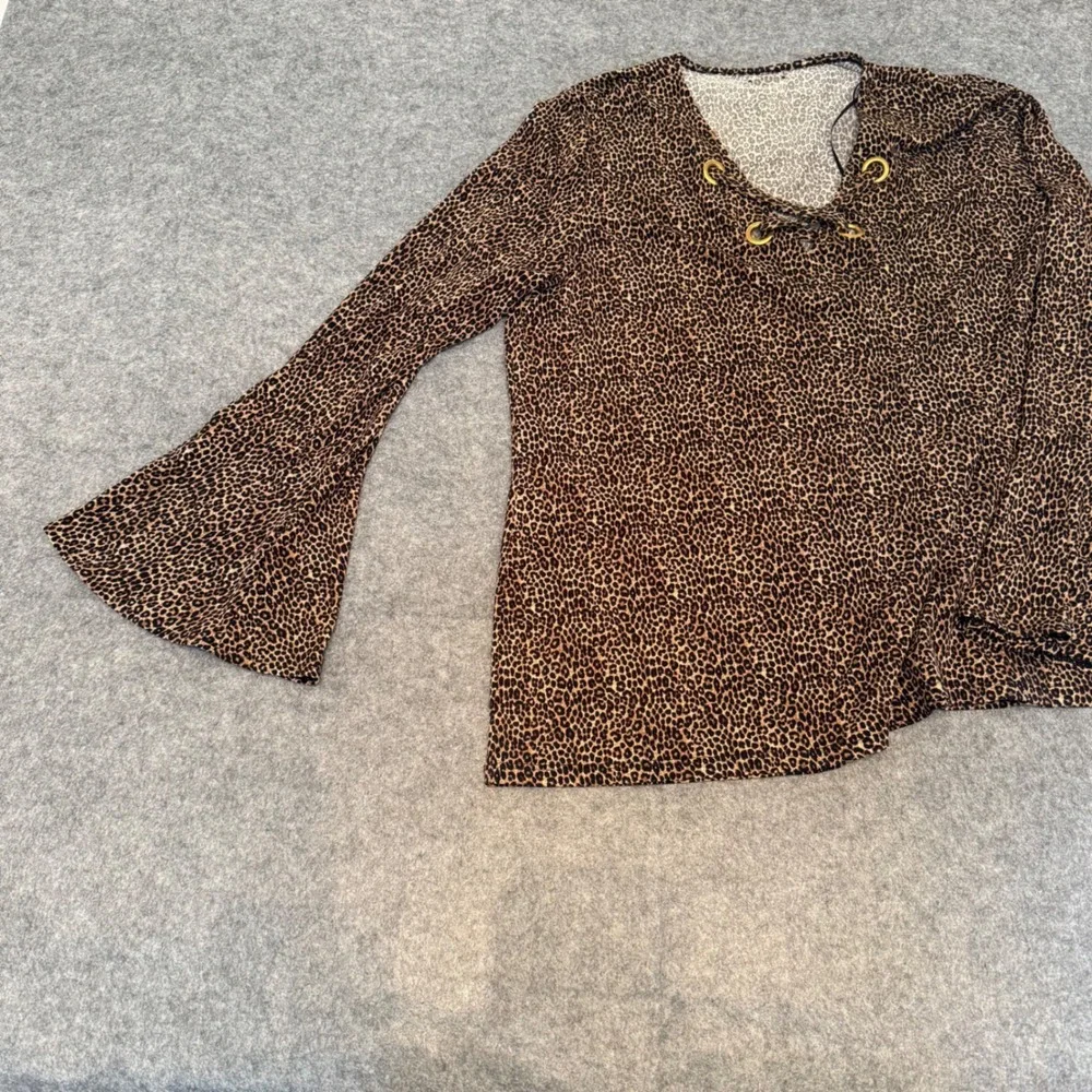 Michael Kors Leopard Print Top Womens XL Brown Bell Sleeve Lace Up Neck